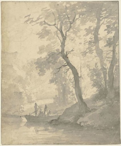 Trees by a waterway with a boat and passengers