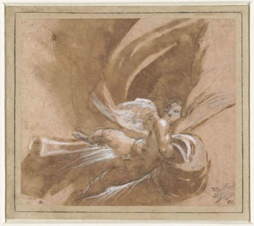 Floating putto lifting a curtain