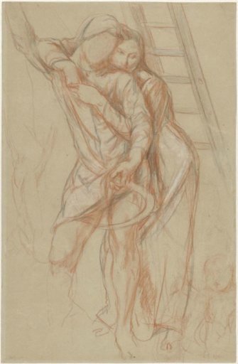 Woman embracing a man leaning against a tree