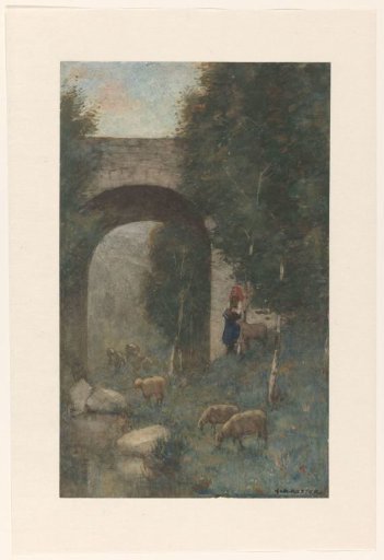 Shepherdess with sheep, near a viaduct