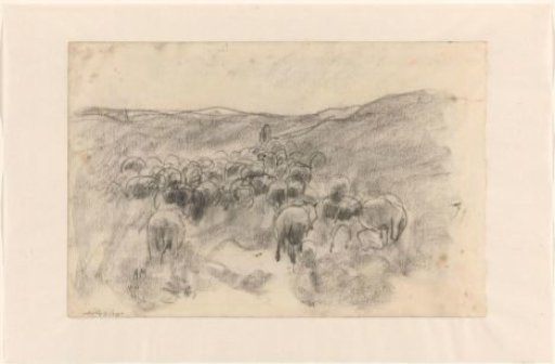 Shepherd with flock of sheep on the heath