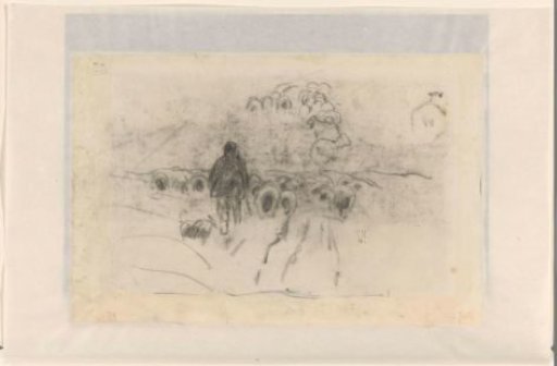 Shepherd with flock of sheep on the heath