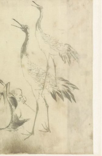 Sketch sheet with two cranes and a man with a knapsack