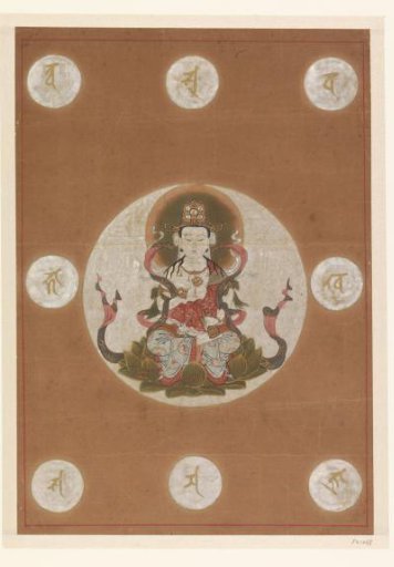 Buddha in the lotus position with eight signs in a medallion around him