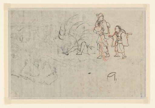 Sketch sheet with an adult and a child, and the legs of a reclining man