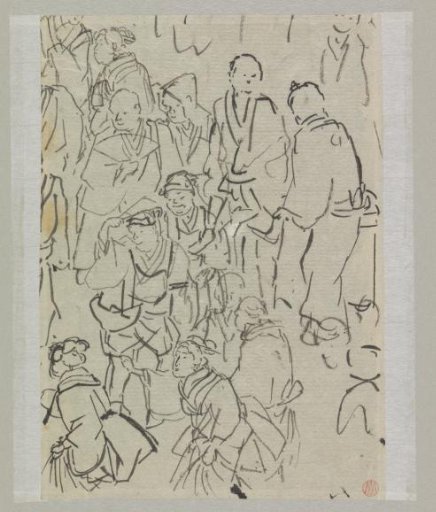 Street scene, including a man with a fan