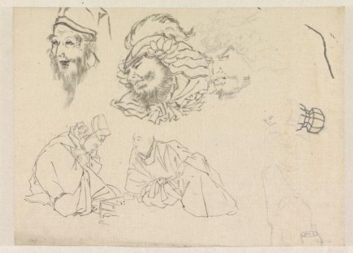 Sketch sheet with studies of heads and two men engrossed in a game