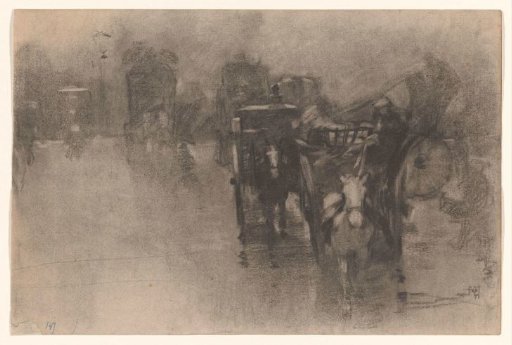 City square in rain with carriages