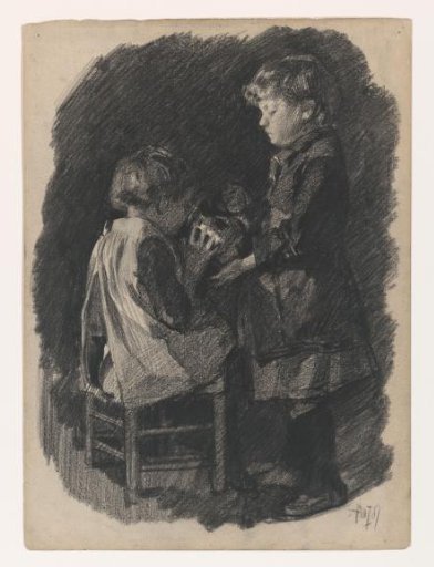 A little girl lets a sister drink milk from a jug