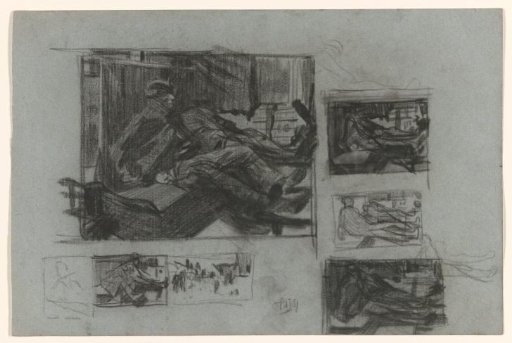 Study sheet with sketches of a train compartment with sleeping men