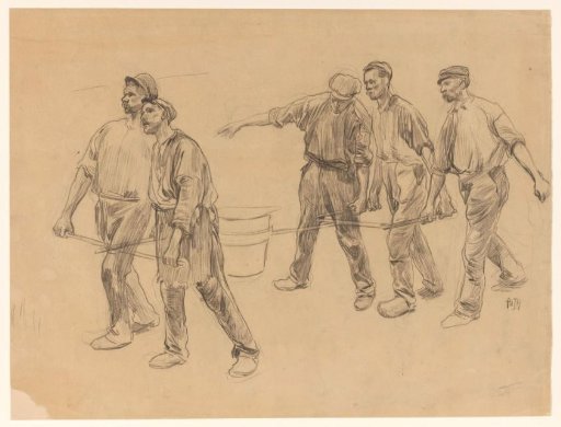 Five workers carrying a ladle of molten metal together