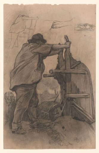 Worker overturning a wheelbarrow