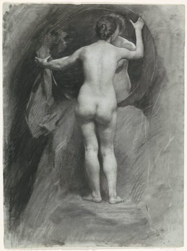 Female nude, standing before a mirror