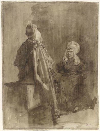 Two fisherwomen in conversation by a wicket door