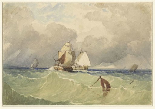 Three-masters and barge sailing in the open sea