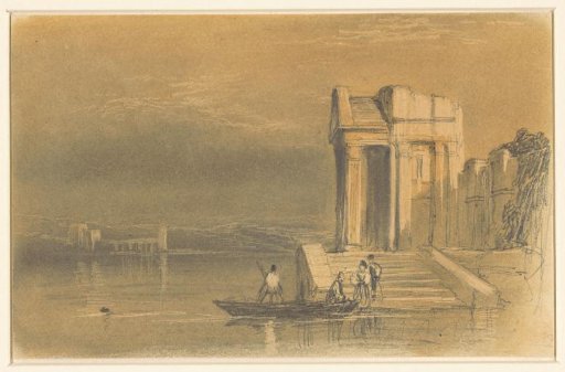 Temple ruins on a lake in an Italian landscape
