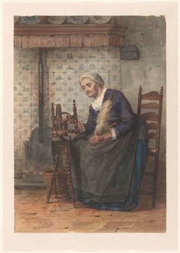 Old woman in an interior at a spinning wheel