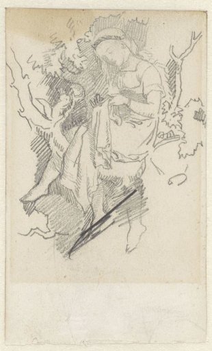 Girl doing needlework, sitting in a tree