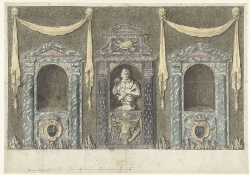 Design for a garden gable with porticos and a bust