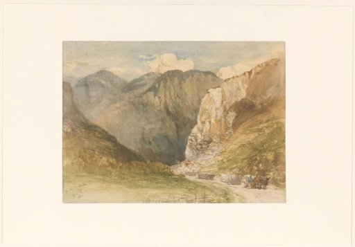 Ox carts on a road between the mountains in the canton of St. Gallen