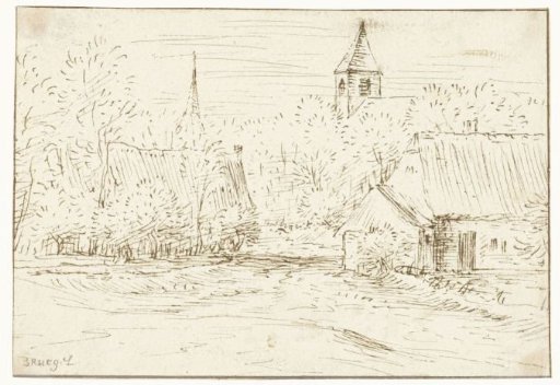 Farmhouses among trees and two church towers