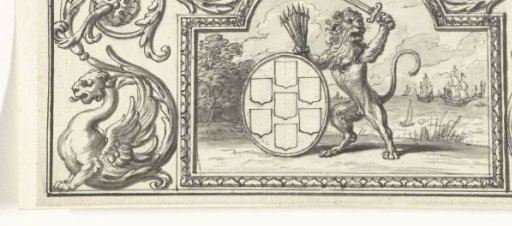 Vignette with the Dutch lion and the coat of arms of the Seven United Provinces