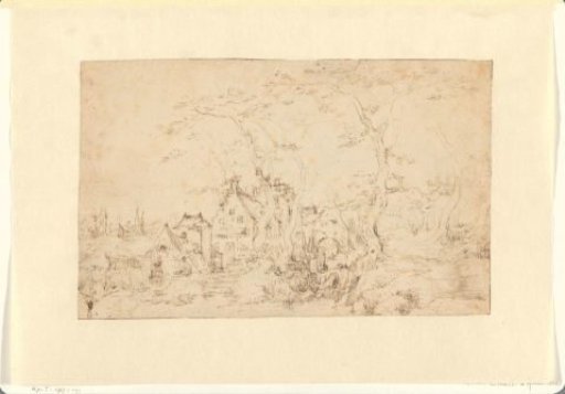 Houses and a Watermill among Tall Trees