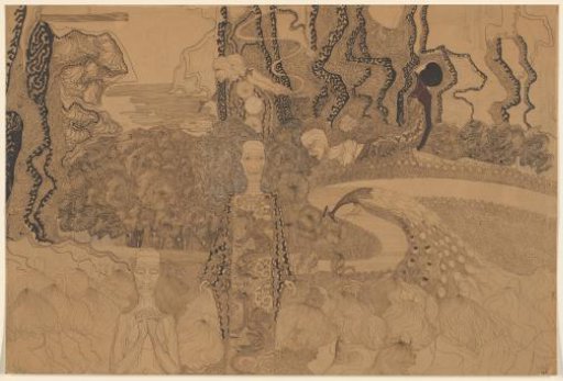 Allegorical representation with figures and a peacock in a garden