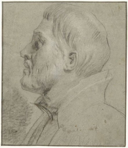 Head of a man with a standing collar, in profile to the left