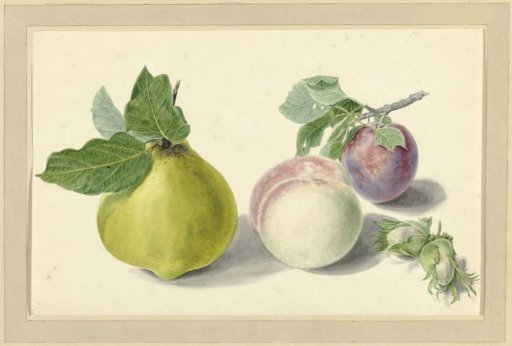 A pear, peach, plum and nuts