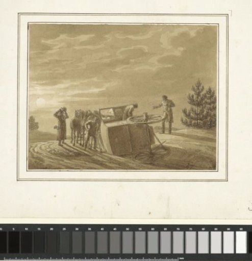 Travelers by an overturned carriage in a landscape by moonlight