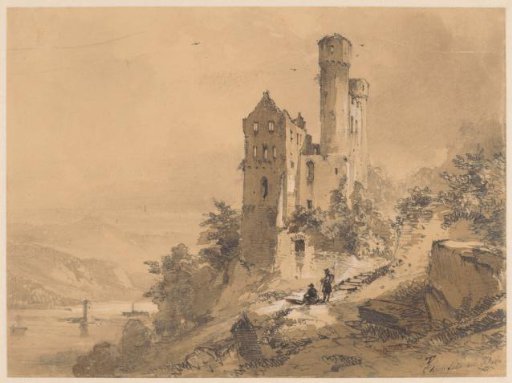 Walkers at the Ehrenfels ruin on the Rhine