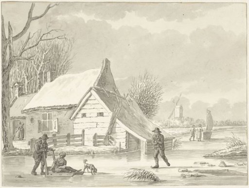 Sleigh and skater on a frozen canal