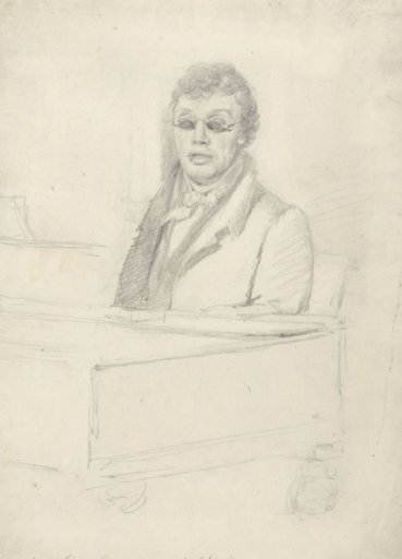 Portrait of Sloos, blind organist in Delft, at the table piano