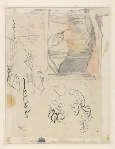 Study sheet with landscape, outline of a building, a face and scribbles