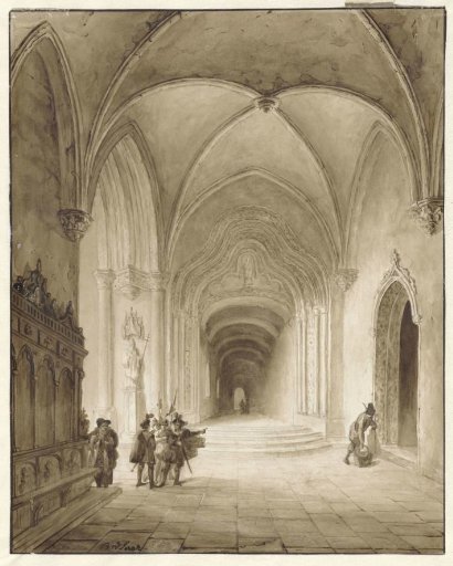 Church interior with soldiers at the entrance