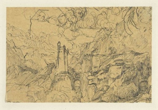 Mountain landscape with a castle near a bridged ravine