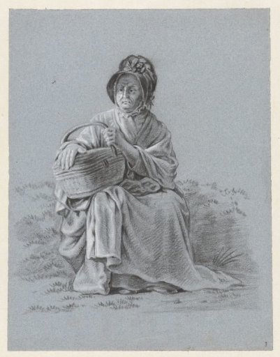 Seated old woman with a basket