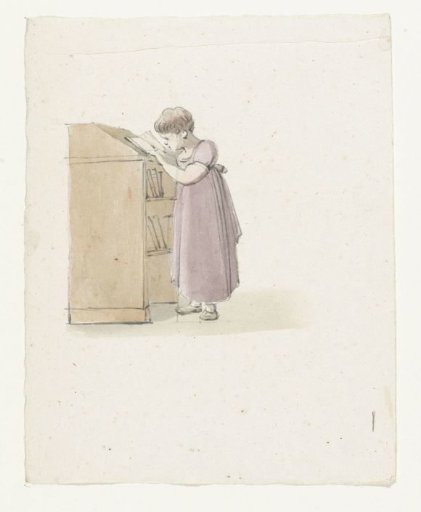 Reading girl by a cabinet