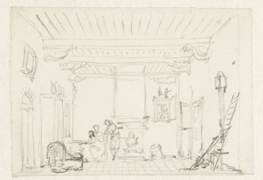 Interior with parents and child by the fireplace