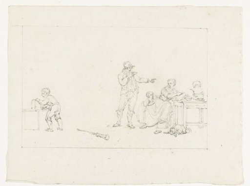 Family, of whom the father is drinking a cup of tea (?)
