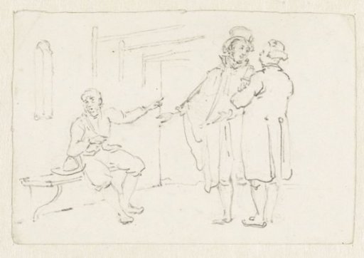 Two standing men with a seated man