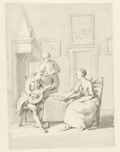 Interior with a lute player, seated woman and standing man