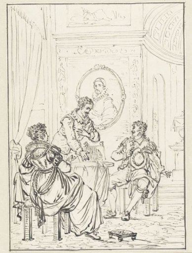 Historical scene with an interior with three figures