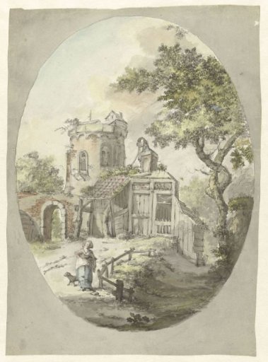 Woman with a dog before a ruin at a tower