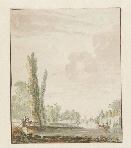 View along a river with a tea pavilion on the right