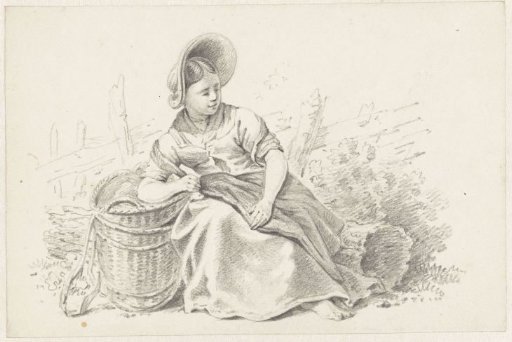 Seated, resting woman with a basket