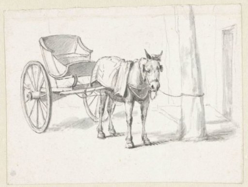 Horse with carriage, tied to a tree
