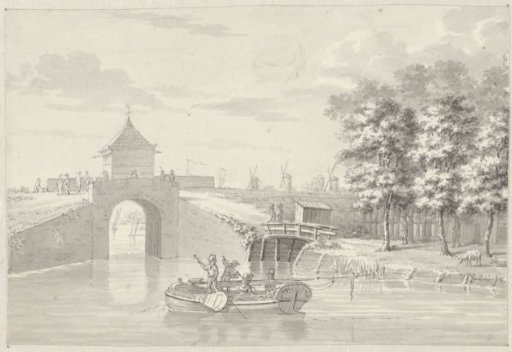 Boat with four people near a bridge