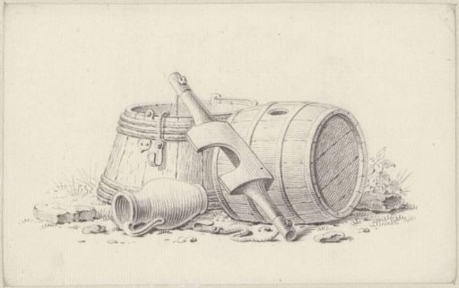 Still life with casks, a yoke and a jug